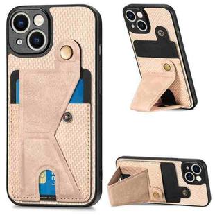 For iPhone 14 Plus Carbon Fiber Wallet Flip Card K-shaped Holder Phone Case(Khaki)