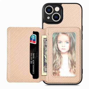 For iPhone 14 Plus Carbon Fiber Magnetic Card Bag Phone Case(Khaki)