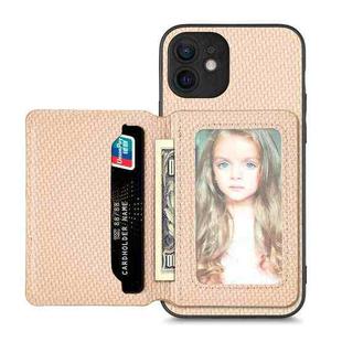 For iPhone 12 mini Carbon Fiber Magnetic Card Bag Phone Case(Khaki)