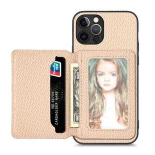 For iPhone 12 Pro Max Carbon Fiber Magnetic Card Bag Phone Case(Khaki)