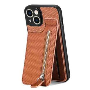 For iPhone 14 Plus Carbon Fiber Vertical Flip Zipper Phone Case(Brown)