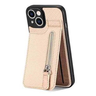 For iPhone 13 Carbon Fiber Vertical Flip Zipper Phone Case(Khaki)