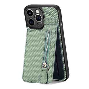 For iPhone 13 Pro Max Carbon Fiber Vertical Flip Zipper Phone Case(Green)