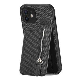 For iPhone 12 Carbon Fiber Vertical Flip Zipper Phone Case(Black)