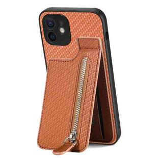 For iPhone 12 Carbon Fiber Vertical Flip Zipper Phone Case(Brown)
