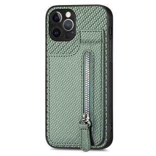 For iPhone 12 Pro Carbon Fiber Vertical Flip Zipper Phone Case(Green)
