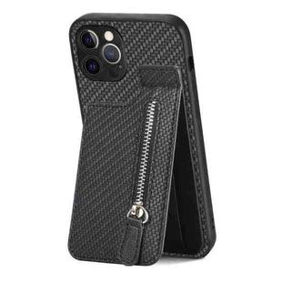 For iPhone 12 Pro Max Carbon Fiber Vertical Flip Zipper Phone Case(Black)