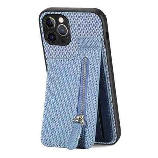 For iPhone 12 Pro Max Carbon Fiber Vertical Flip Zipper Phone Case(Blue)