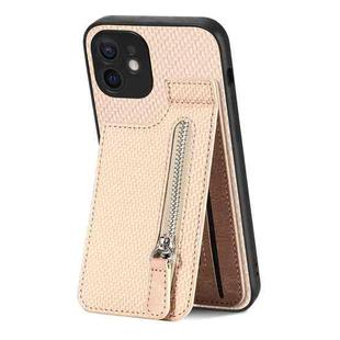 For iPhone 11 Carbon Fiber Vertical Flip Zipper Phone Case(Khaki)