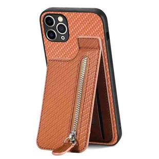 For iPhone 11 Pro Carbon Fiber Vertical Flip Zipper Phone Case(Brown)