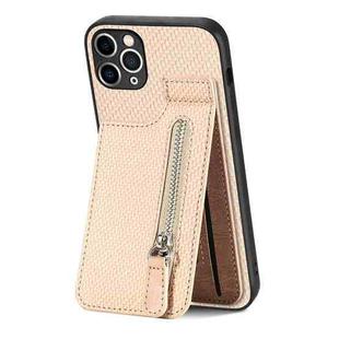 For iPhone 11 Pro Carbon Fiber Vertical Flip Zipper Phone Case(Khaki)