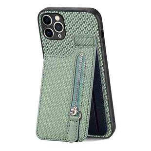 For iPhone 11 Pro Max Carbon Fiber Vertical Flip Zipper Phone Case(Green)