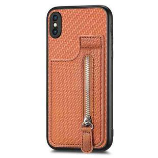 For iPhone X / XS Carbon Fiber Vertical Flip Zipper Phone Case(Brown)