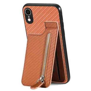 For iPhone XR Carbon Fiber Vertical Flip Zipper Phone Case(Brown)