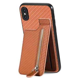 For iPhone XS Max Carbon Fiber Vertical Flip Zipper Phone Case(Brown)