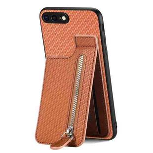 For iPhone 7 Plus / 8 Plus Carbon Fiber Vertical Flip Zipper Phone Case(Brown)