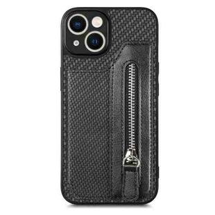 For iPhone 14 Carbon Fiber Horizontal Flip Zipper Wallet Phone Case(Black)