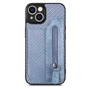 For iPhone 14 Carbon Fiber Horizontal Flip Zipper Wallet Phone Case(Blue)
