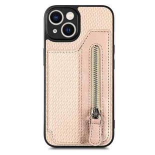 For iPhone 14 Carbon Fiber Horizontal Flip Zipper Wallet Phone Case(Khaki)
