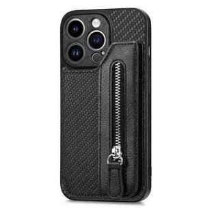 For iPhone 14 Pro Carbon Fiber Horizontal Flip Zipper Wallet Phone Case(Black)
