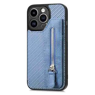 For iPhone 14 Pro Carbon Fiber Horizontal Flip Zipper Wallet Phone Case(Blue)