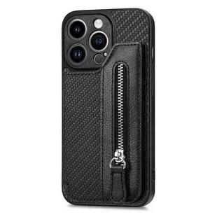 For iPhone 14 Pro Max Carbon Fiber Horizontal Flip Zipper Wallet Phone Case(Black)