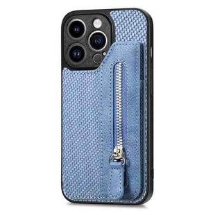 For iPhone 14 Pro Max Carbon Fiber Horizontal Flip Zipper Wallet Phone Case(Blue)
