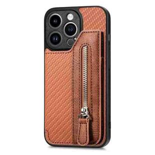 For iPhone 14 Pro Max Carbon Fiber Horizontal Flip Zipper Wallet Phone Case(Brown)