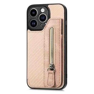 For iPhone 14 Pro Max Carbon Fiber Horizontal Flip Zipper Wallet Phone Case(Khaki)