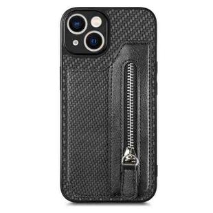 For iPhone 13 Carbon Fiber Horizontal Flip Zipper Wallet Phone Case(Black)