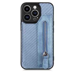 For iPhone 13 Pro Carbon Fiber Horizontal Flip Zipper Wallet Phone Case(Blue)