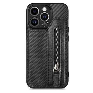 For iPhone 13 Pro Max Carbon Fiber Horizontal Flip Zipper Wallet Phone Case(Black)