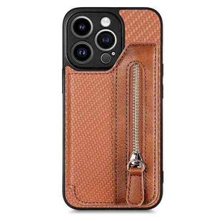 For iPhone 13 Pro Max Carbon Fiber Horizontal Flip Zipper Wallet Phone Case(Brown)