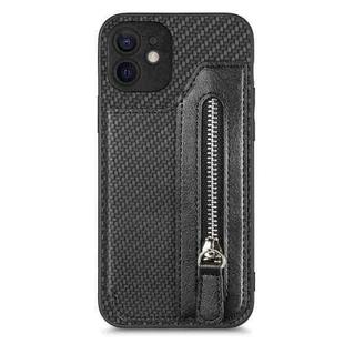For iPhone 12 Carbon Fiber Horizontal Flip Zipper Wallet Phone Case(Black)
