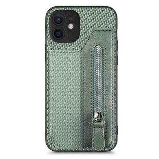 For iPhone 12 Carbon Fiber Horizontal Flip Zipper Wallet Phone Case(Green)