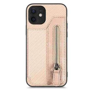 For iPhone 12 Carbon Fiber Horizontal Flip Zipper Wallet Phone Case(Khaki)