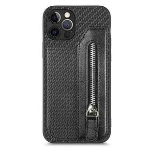 For iPhone 12 Pro Carbon Fiber Horizontal Flip Zipper Wallet Phone Case(Black)
