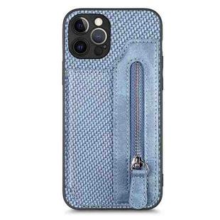 For iPhone 12 Pro Carbon Fiber Horizontal Flip Zipper Wallet Phone Case(Blue)