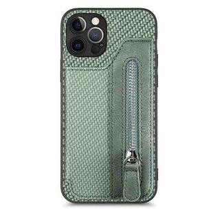For iPhone 12 Pro Carbon Fiber Horizontal Flip Zipper Wallet Phone Case(Green)