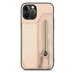For iPhone 12 Pro Carbon Fiber Horizontal Flip Zipper Wallet Phone Case(Khaki)