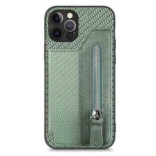 For iPhone 12 Pro Max Carbon Fiber Horizontal Flip Zipper Wallet Phone Case(Green)