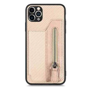 For iPhone 11 Pro Carbon Fiber Horizontal Flip Zipper Wallet Phone Case(Khaki)