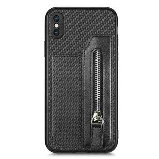 For iPhone X / XS Carbon Fiber Horizontal Flip Zipper Wallet Phone Case(Black)