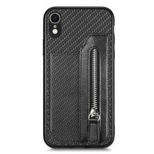 For iPhone XR Carbon Fiber Horizontal Flip Zipper Wallet Phone Case(Black)