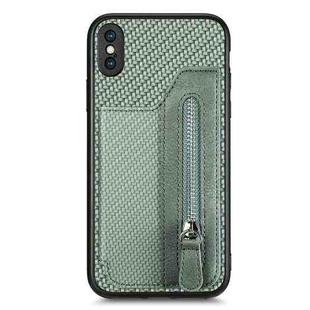 For iPhone XS Max Carbon Fiber Horizontal Flip Zipper Wallet Phone Case(Green)