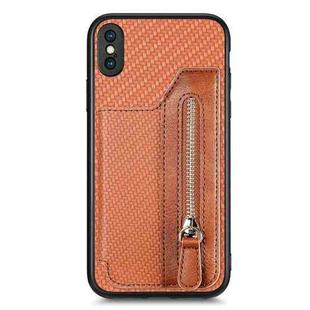 For iPhone XS Max Carbon Fiber Horizontal Flip Zipper Wallet Phone Case(Brown)