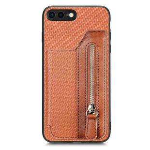 For iPhone SE 2022 / 2020 / 7 / 8 Carbon Fiber Horizontal Flip Zipper Wallet Phone Case(Brown)