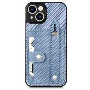 For iPhone 14 Wristband Kickstand Card Wallet Back Cover Phone Case with Tool Knife(Blue)