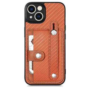 For iPhone 14 Wristband Kickstand Card Wallet Back Cover Phone Case with Tool Knife(Brown)