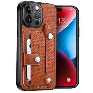 For iPhone 14 Pro Wristband Kickstand Card Wallet Back Cover Phone Case with Tool Knife(Brown)